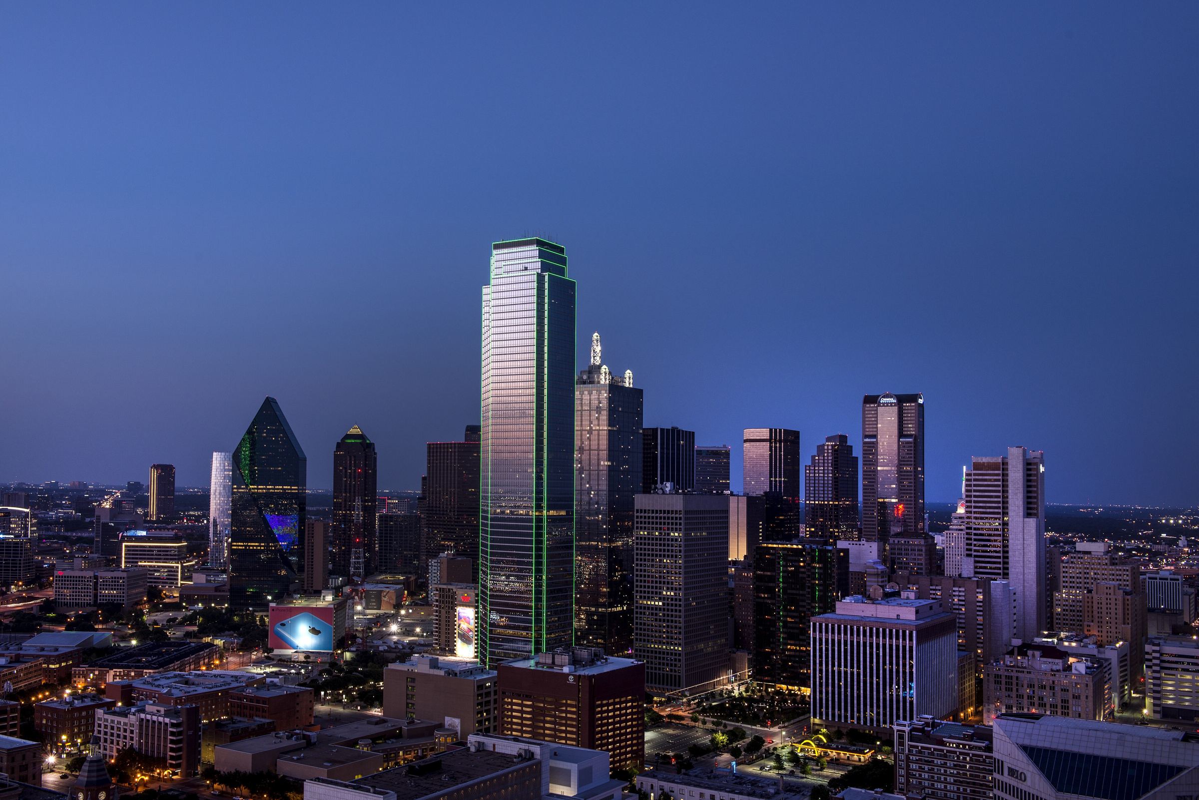 Downtown Dallas skyline at dusk